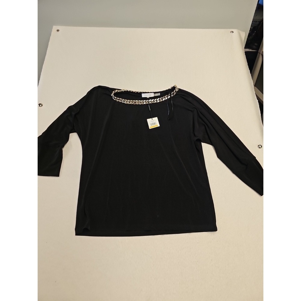 Calvin Klein Womens Black Dolman Sleeve Blouse Gold Chain Neck Size S Petite New